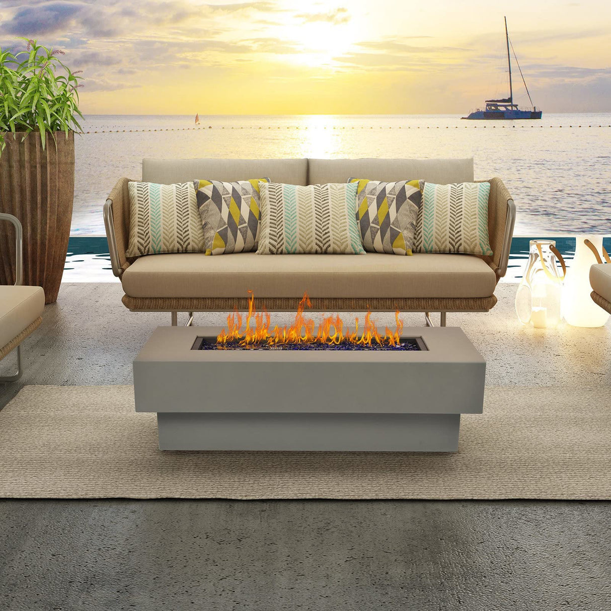 BAIDE HOME Outdoor Low Profile Fire Table, 48 - inch Rectangle Propane Gas Fire Pit Table, 50,000 BTU Modern Firepit w/Lid, Fire Glass, Cover, Pre - Attached 10ft Propane Hose, Flint Gray - Bircata