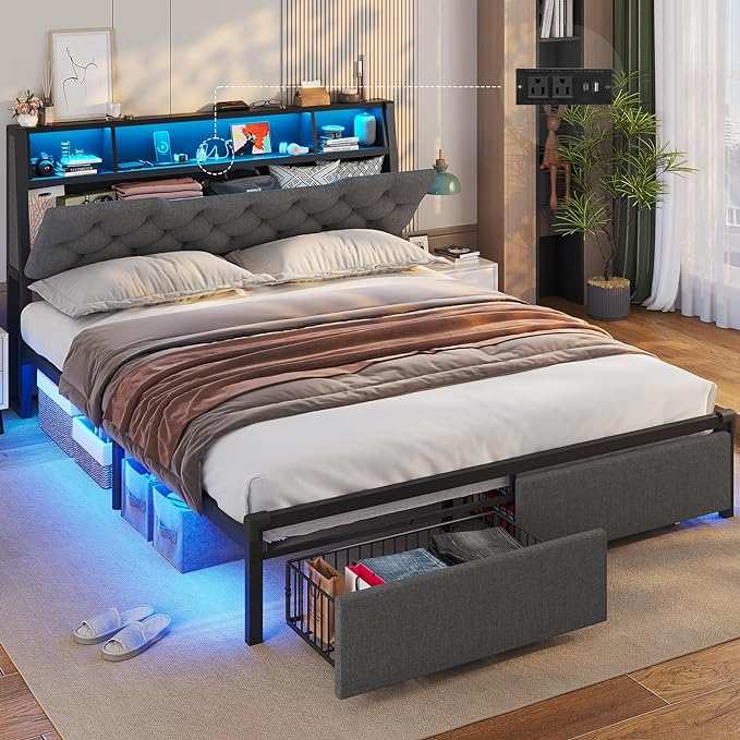 Queen Bed Frame with Charging Station, LED Bed Frame Queen Size