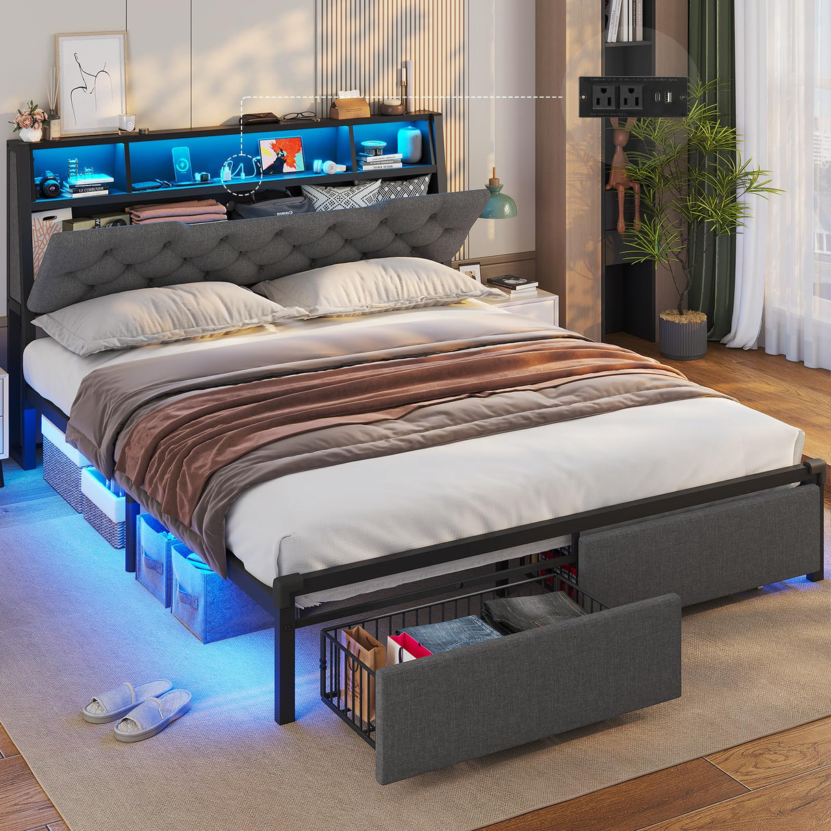 Queen Bed Frame with Charging Station, LED Bed Frame Queen Size