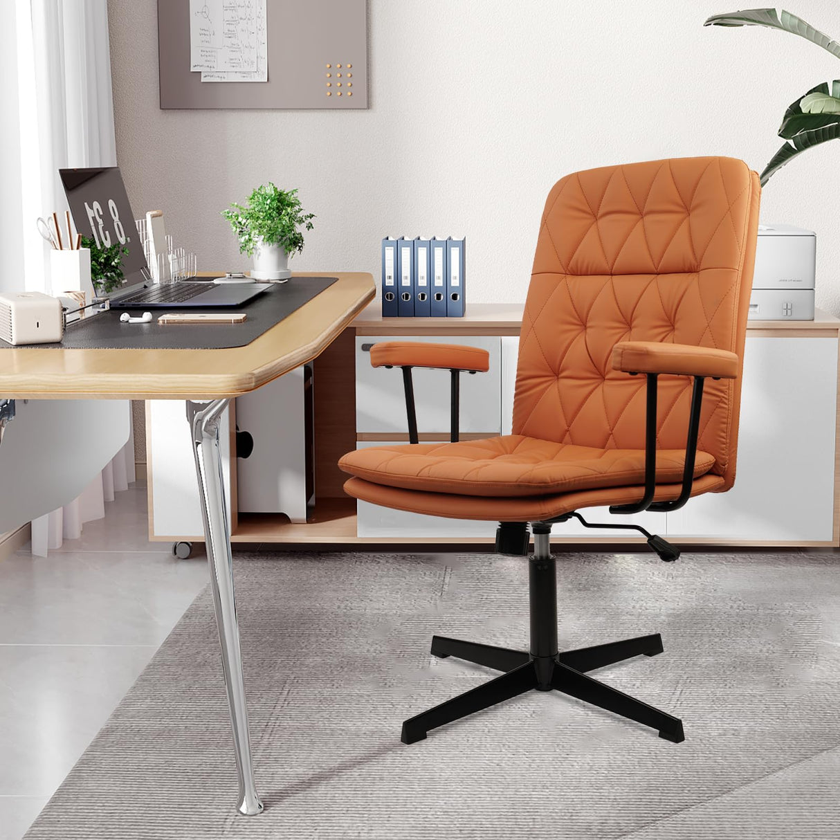 Office Chair No Wheels, Leather Desk Chair with Arms, Mid Back Modern Height Adjustable Computer Chair with Soft Cushion, Swivel Task Chair for Home Office, Orange