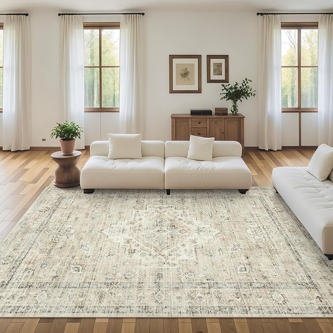 Machine Washable Rug 5x7 Sage Green Rugs for Living Room, Non Slip Vinatge Rug Boho