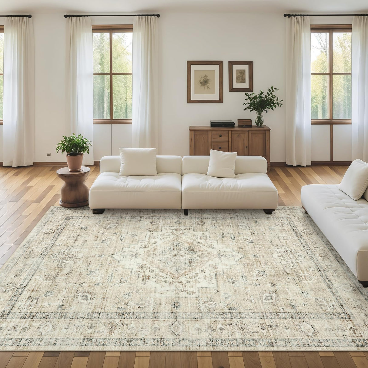 Boho Bedroom Rug 9x12 Under Bed, Soft Washable Beige Area Rugs for Living Room