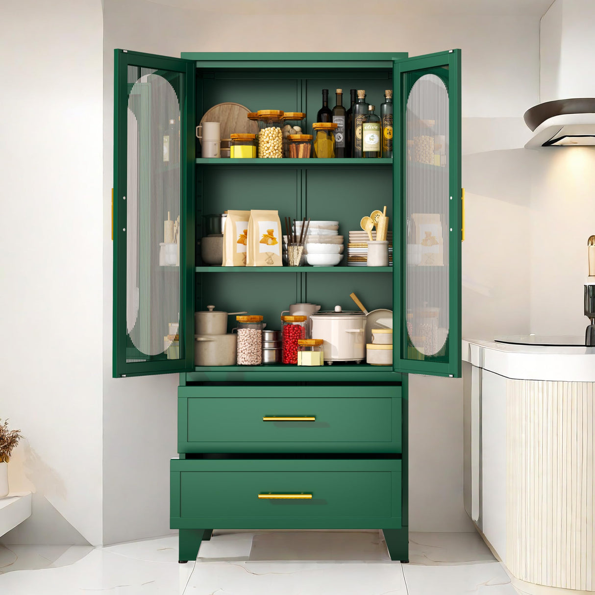 Metal Garage Storage Cabinet, Kitchen Pantry Storage Cabinet with 2 Drawers and 2 Adjustable