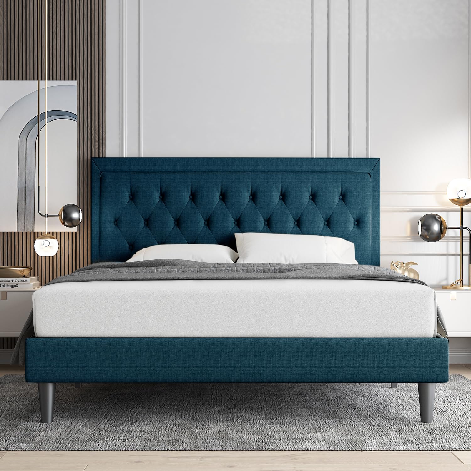Full Size Bed Frame Upholstered Platform Bed with Adjustable Headboard