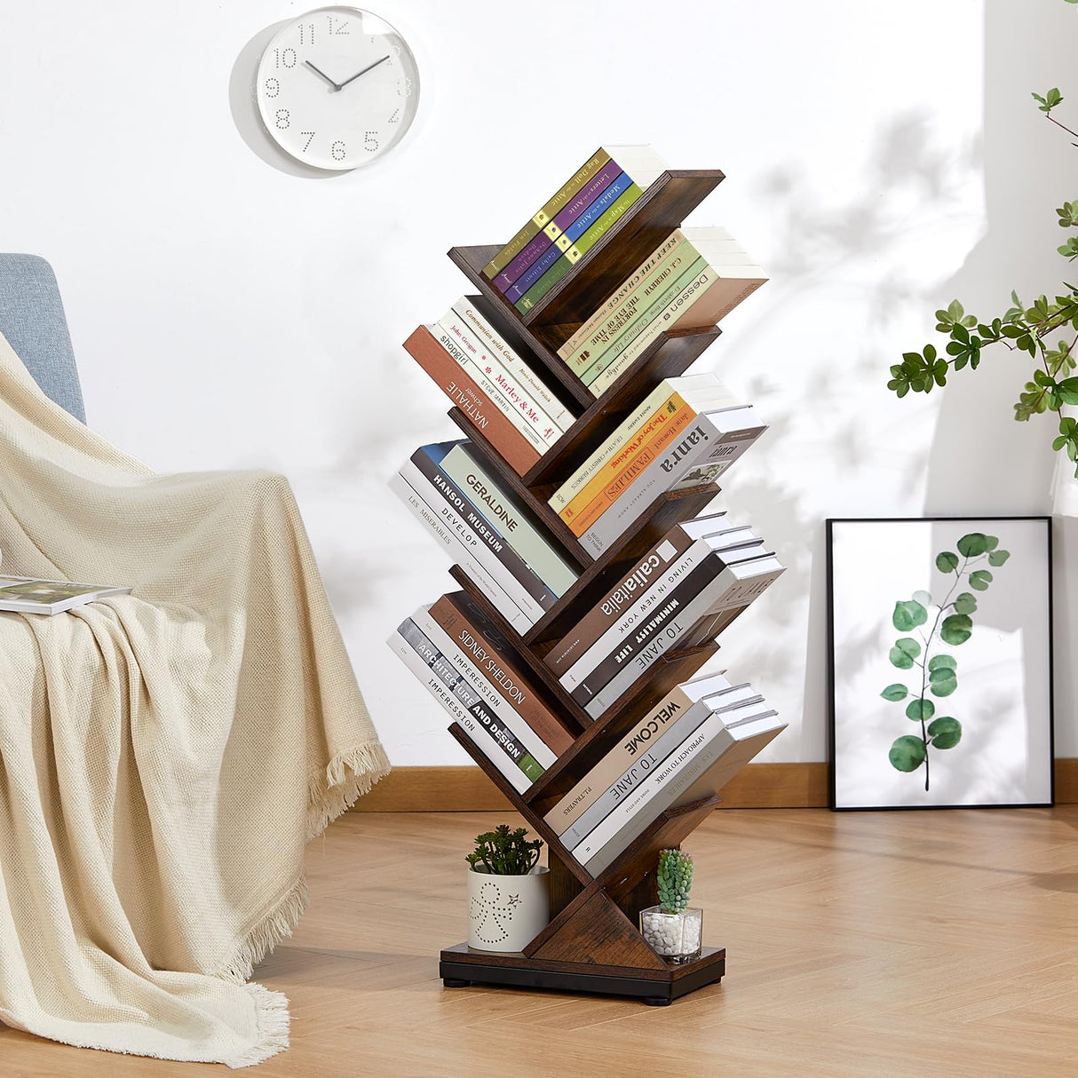 9-Shelf Tree Bookshelf, 38.4-Inch Retro Floor Standing Bookcase Display for CDs/Magazine/Books