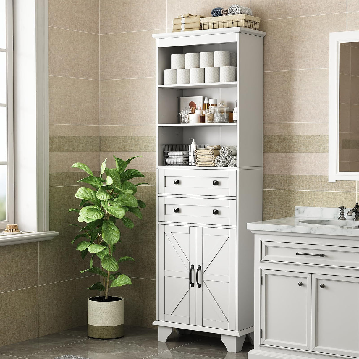 72" Tall Bathroom Storage Cabinet, Farmhouse Storage Cabinet with 2 Drawers