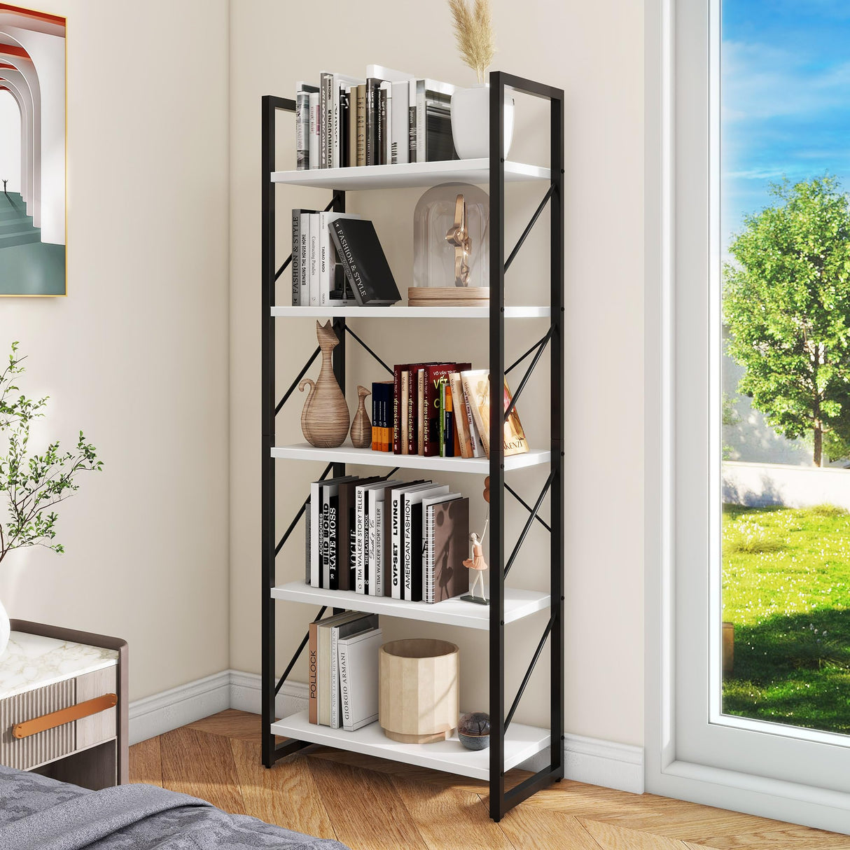 5 Tier Bookshelf, White Bookcase Storage Shelves Organizer