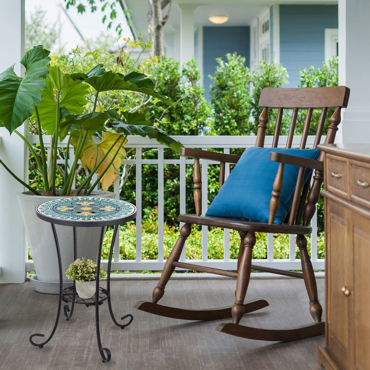 Outdoor Side Table Mosaic Patio Table Accent Tables Mosaic Tile Top Metal Frame Small