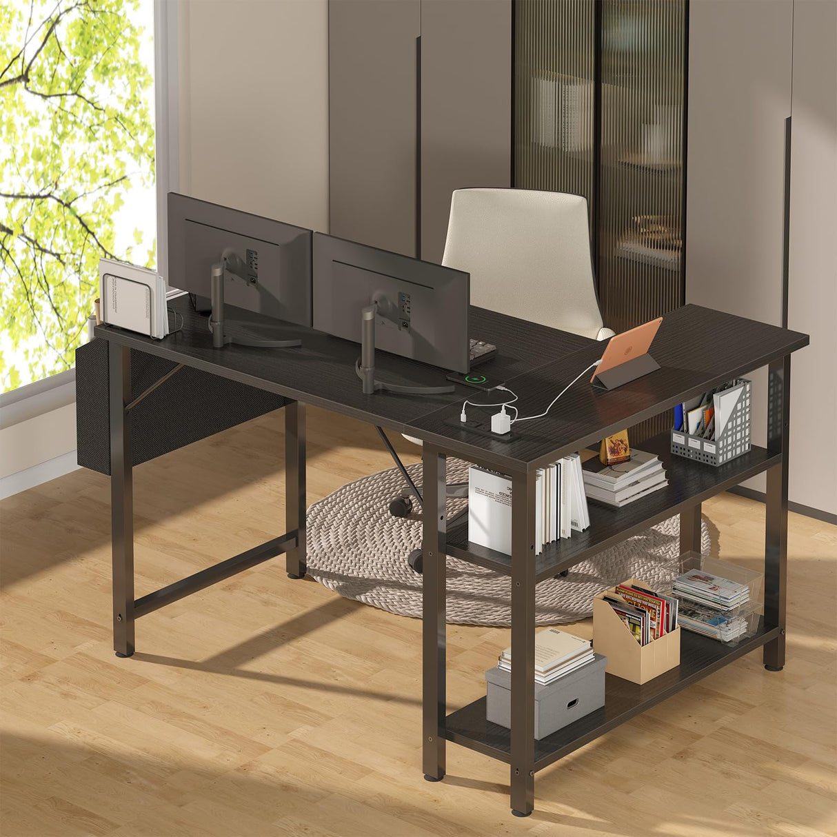 L Shaped Gaming Computer Desk with Power Outlet Shelves, 40 Inch Small Corner Desk for Small Space Home Office, Study Work PC Desks for Bedroom, Black