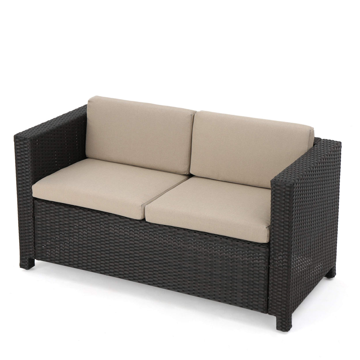 Christopher Knight Home Puerta Outdoor Wicker Loveseat with Cushions, Dark Brown / Beige Cushions
