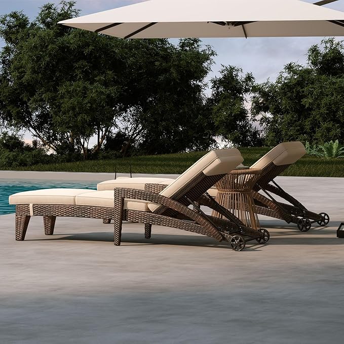 Patio Chaise Lounge Set of 2, Outdoor Wicker Chaise Lounges with Wheels
