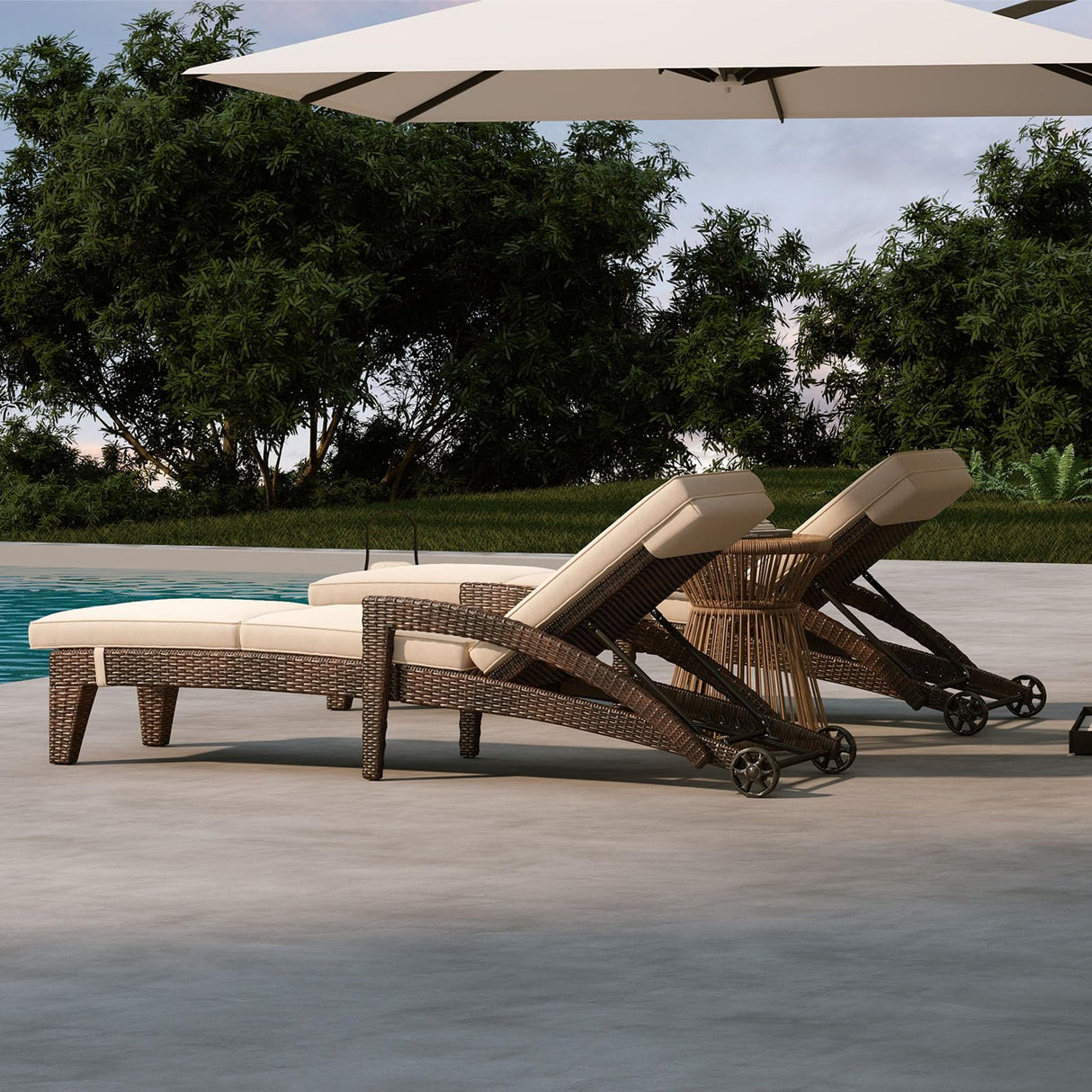 Patio Chaise Lounge Set of 2, Outdoor Wicker Chaise Lounges with Wheels