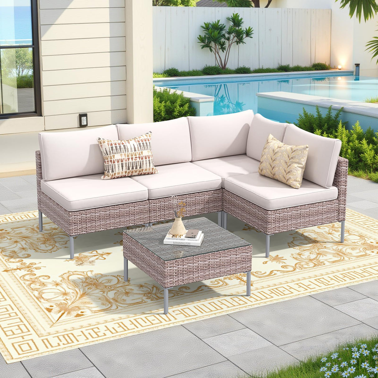 5 Piece Outdoor Patio Furniture Set, Wicker PE Rattan Sectional Sofa