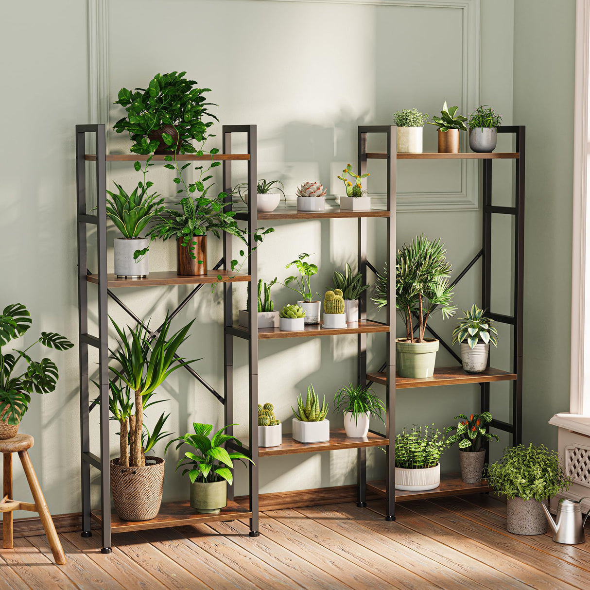 Triple 4 Tier Bookshelf, Bookcase with 11 Open Display Shelves, Wide Book Shelf Book Case for Home & Office, Rustic Brown