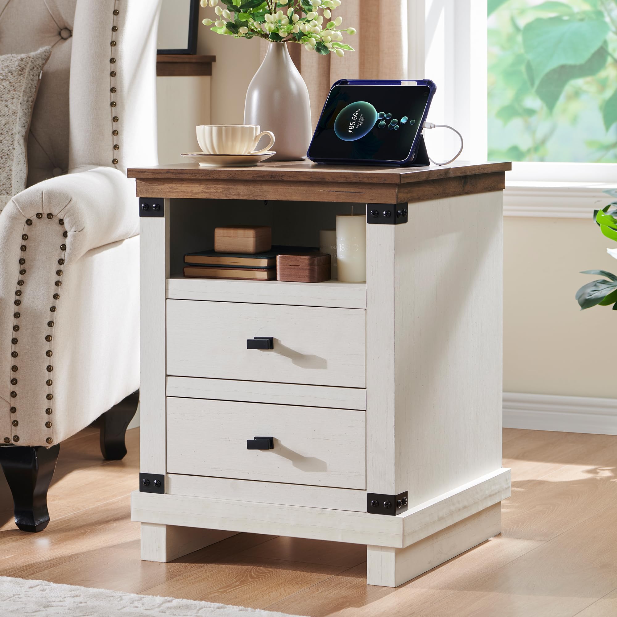 Farmhouse Nightstand with Charging Station, 18" Rustic Night stand