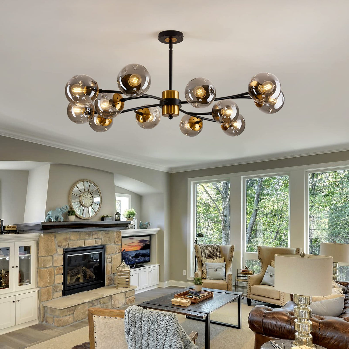 12-Light Sputnik Chandelier with Glass Globe - Mid Century Modern Black & Gold