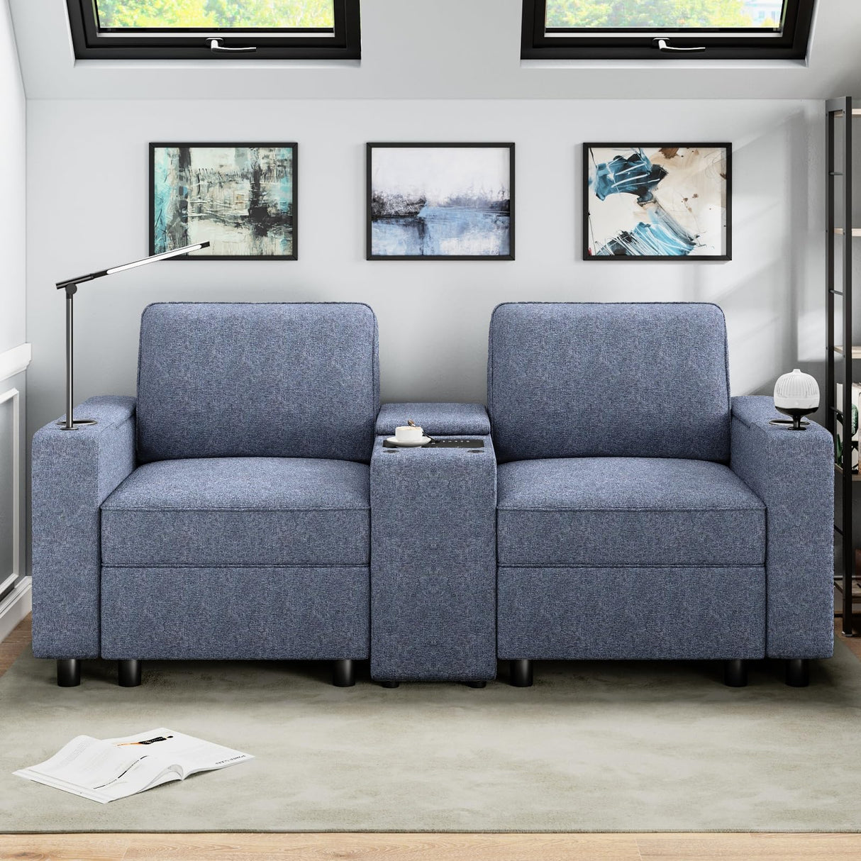 Home Theater Seating Set of 3, Power Conscle with Cup Holders, Bluetooth Stereo,