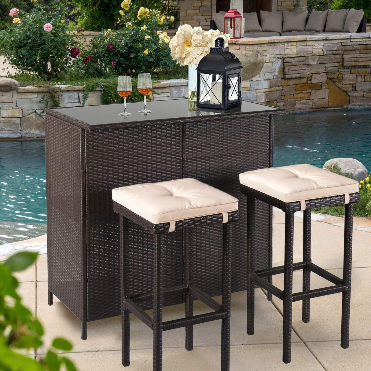 SOLAURA 3-Piece Outdoor Patio Bar Set Black Brown Wicker Bar Table Set Patio Furniture and Two Stools with Cushions for Backyards, Lawn, Garden or Poolside