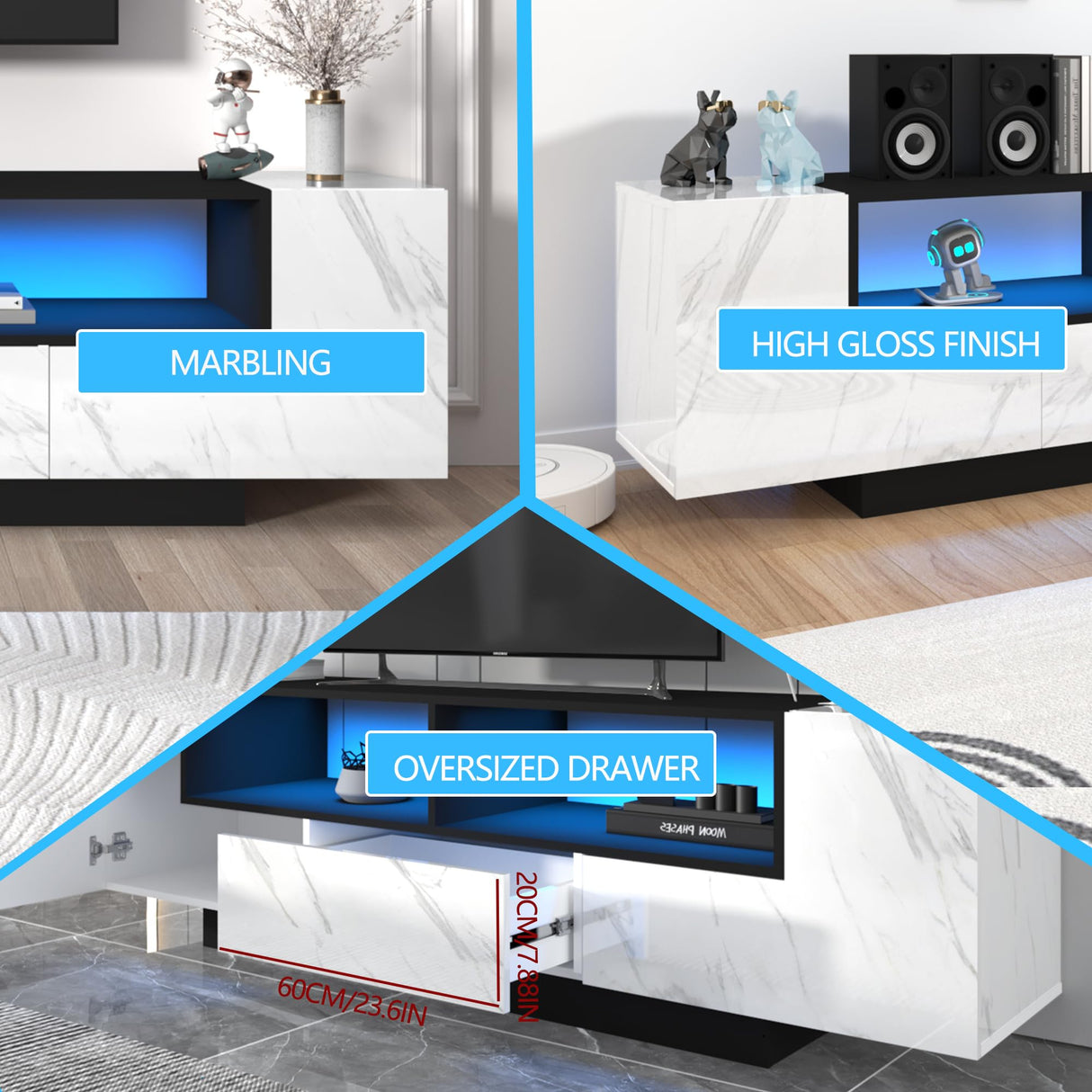 70in White TV Stand for 75/80 inch TV,Modern LED TV Stand,High Gloss Entertainment