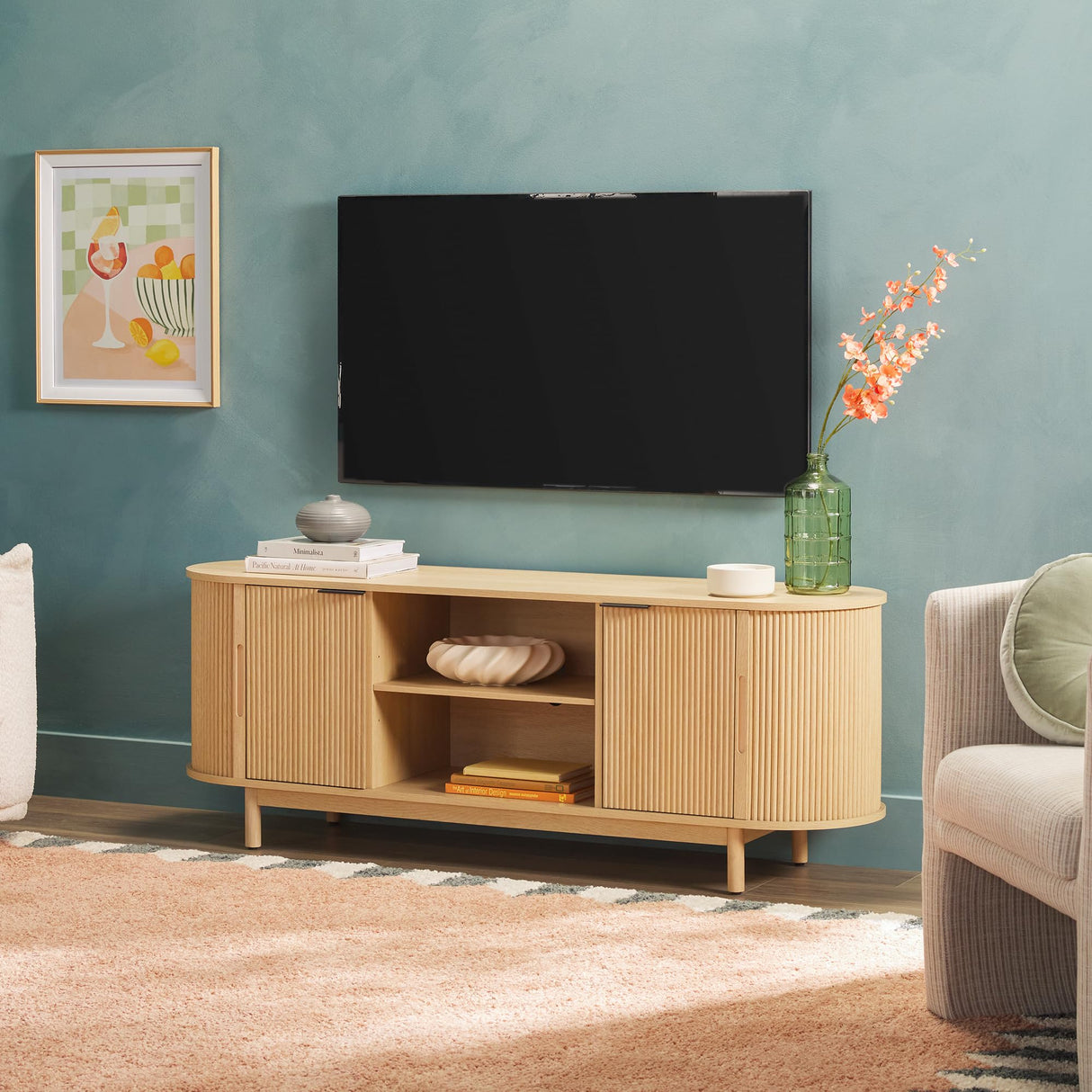 Modern Curved Reeded TV Stand for TVs up to 65 Inches