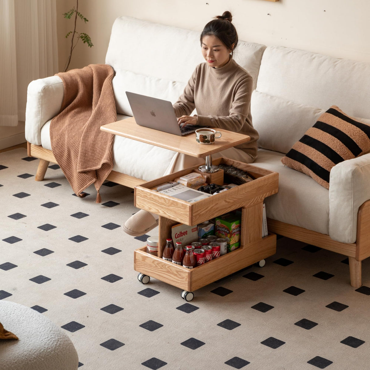 100% Solid Oak Lift Top Coffee Table for Living Room, Small Wood Coffee Table with Rolling Wheels and 360° Rotating