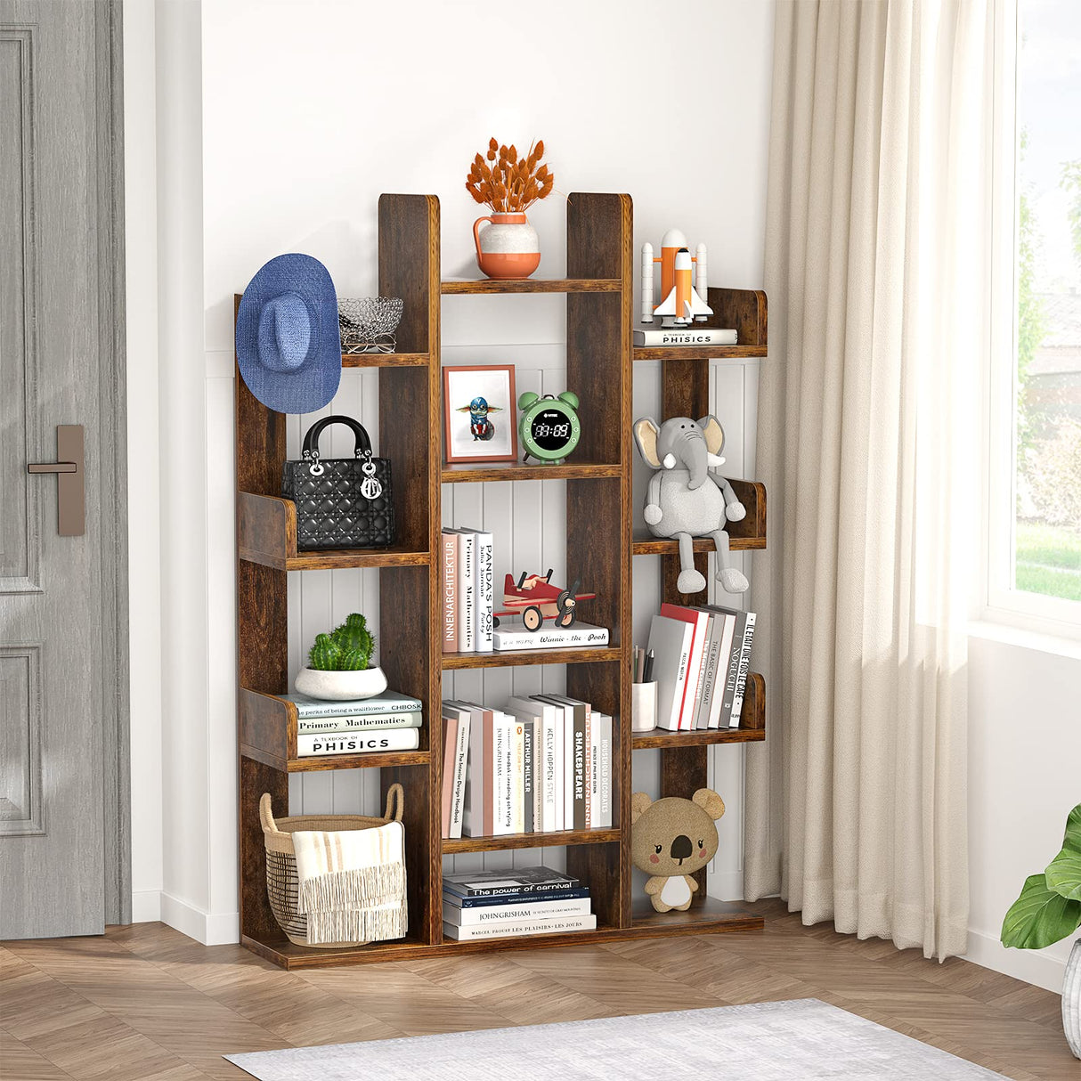 Bookshelf, Tree-Shaped Bookcase Storage Shelf with 13 compartments, Books Organizer Display Cube Shelves, Industrial Free Floor Standing Wood Open Bookshelves for Home