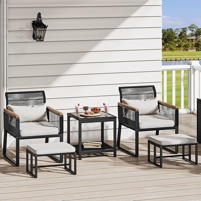 3 Pieces Conversation Bistro Set with Ottoman, All-Weather Patio Bistro Set with Footrest