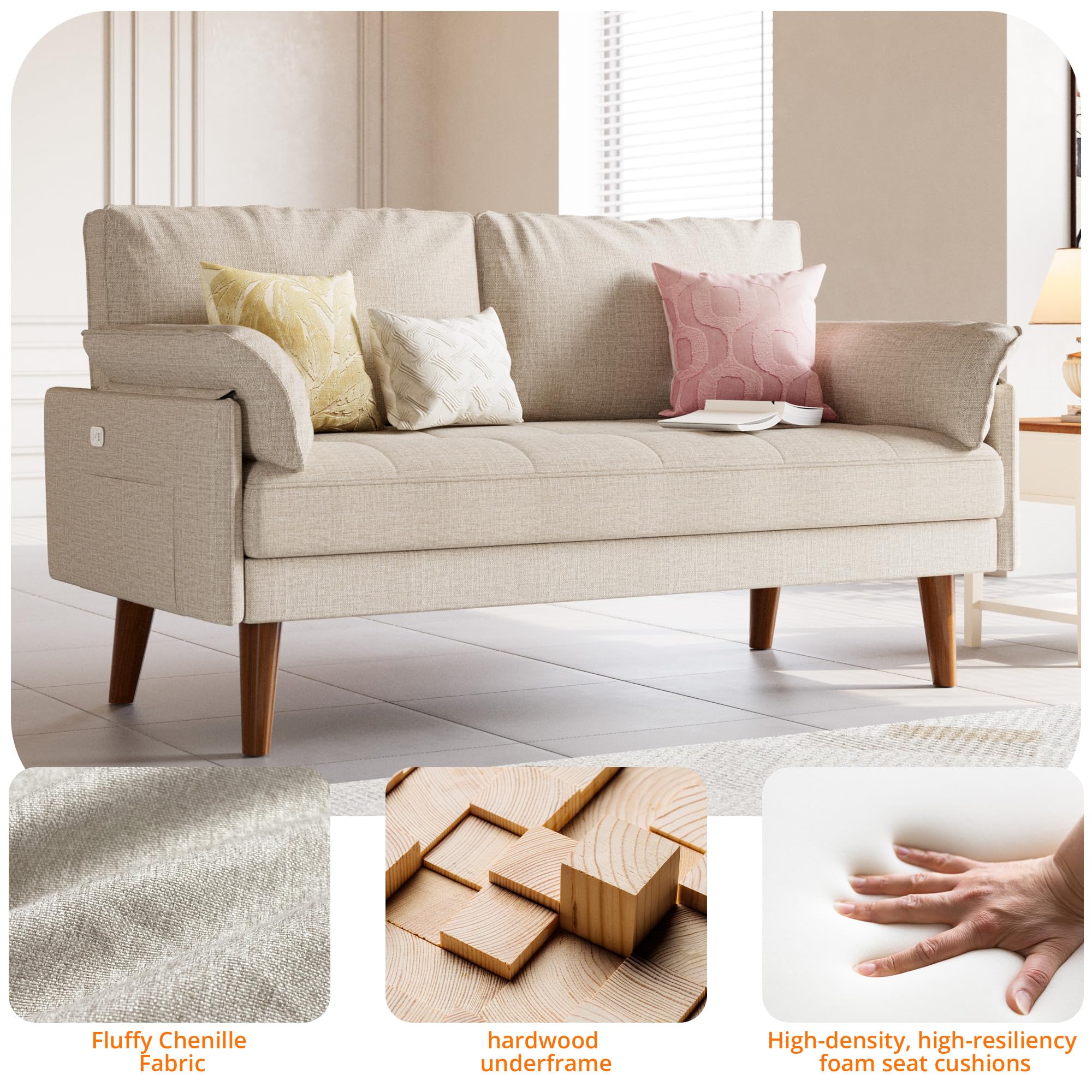 70" Loveseat Sofa with USB Port & Solid Wood Leg, Modern Comfy Fabric Small Couch,