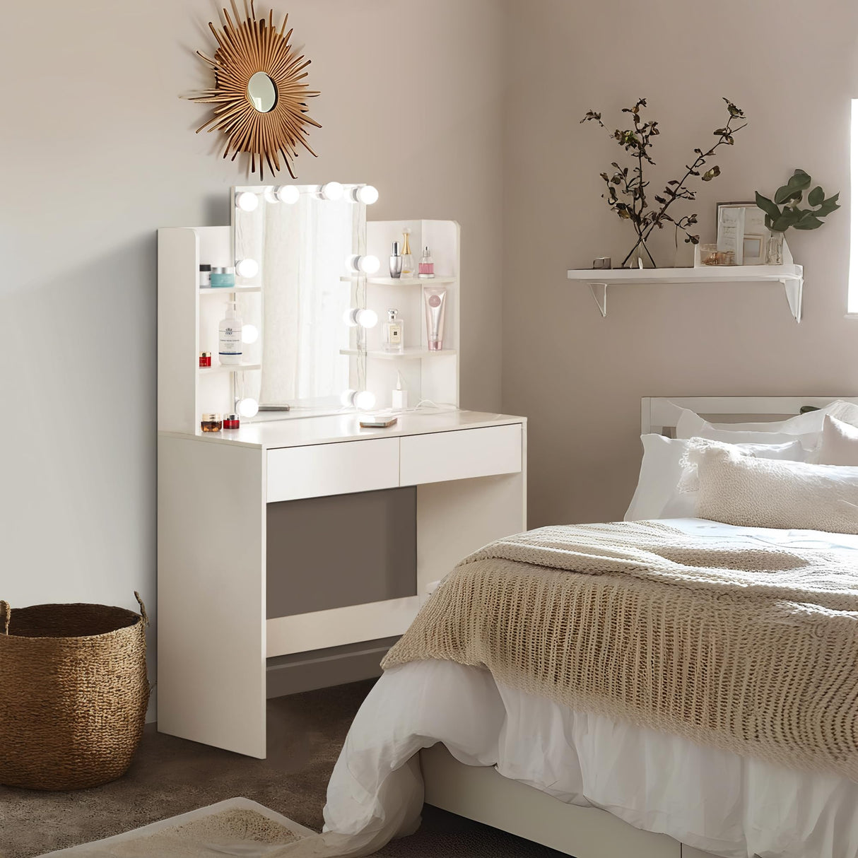 Desk with Mirror and Lights, Make Up Vanity Desk Set, Make Up Table and Stool Set