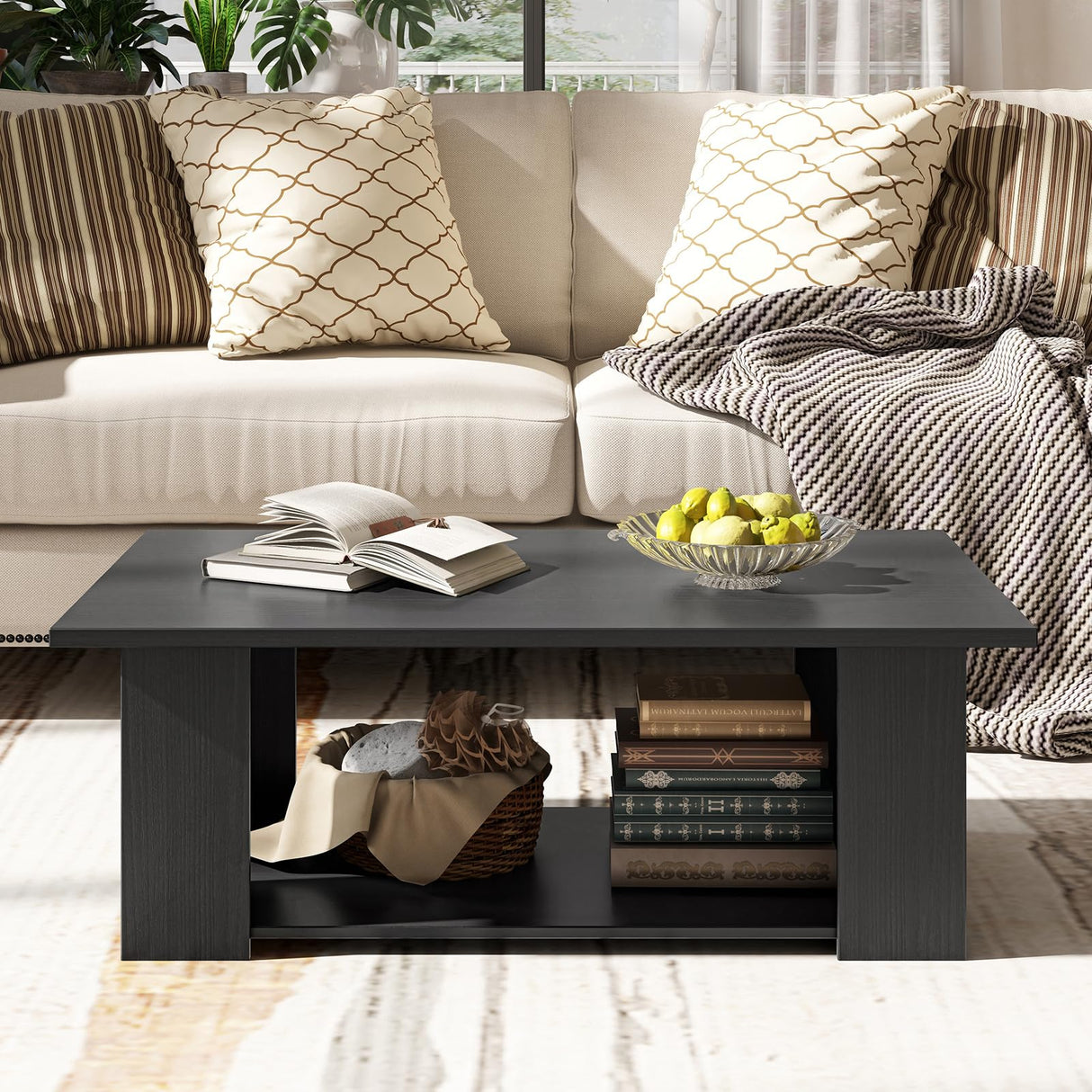 2-Tier Coffee Table, Modern Rectangular Center Cocktail Table with 5 Support Legs