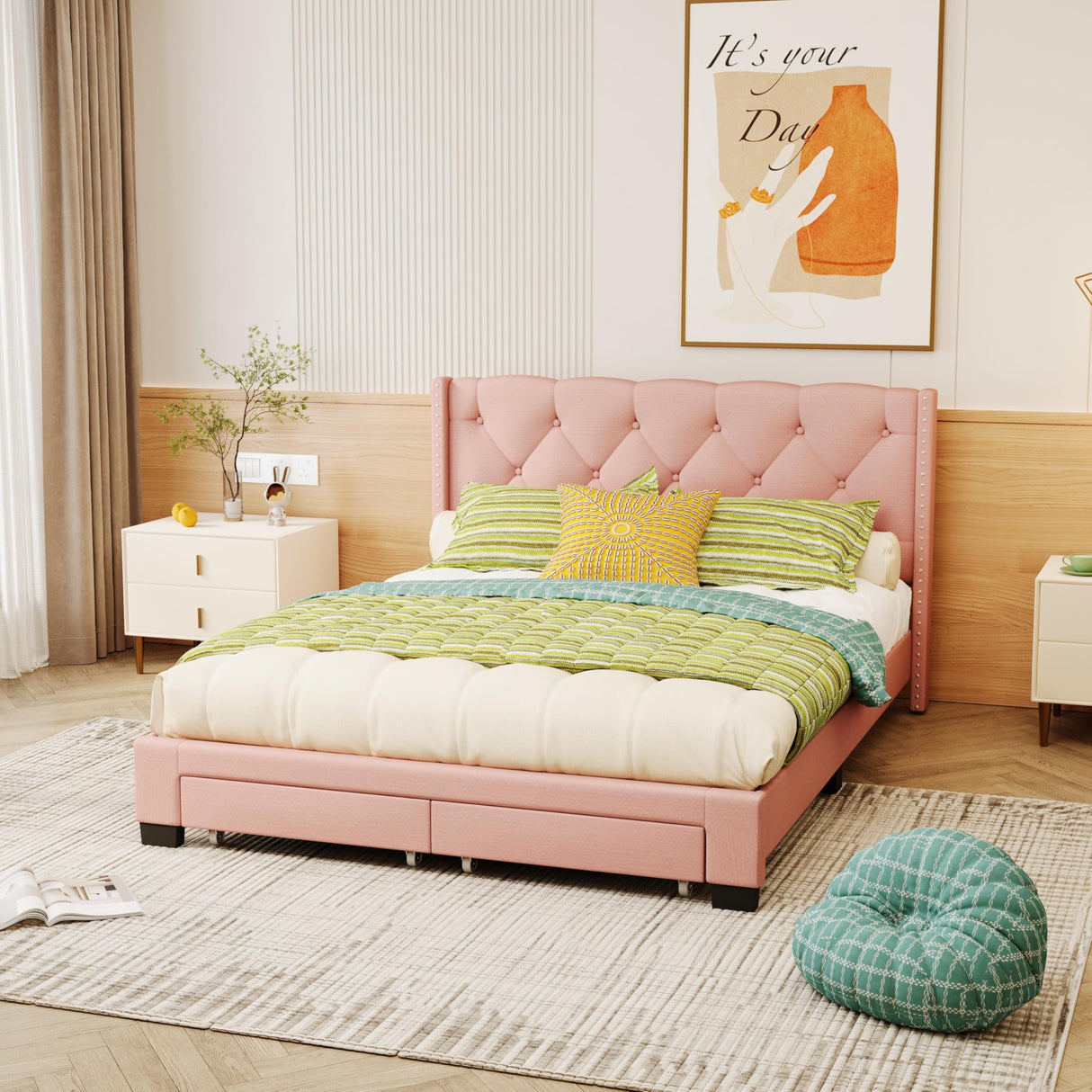 Platform Bed with Two Drawers Pink
