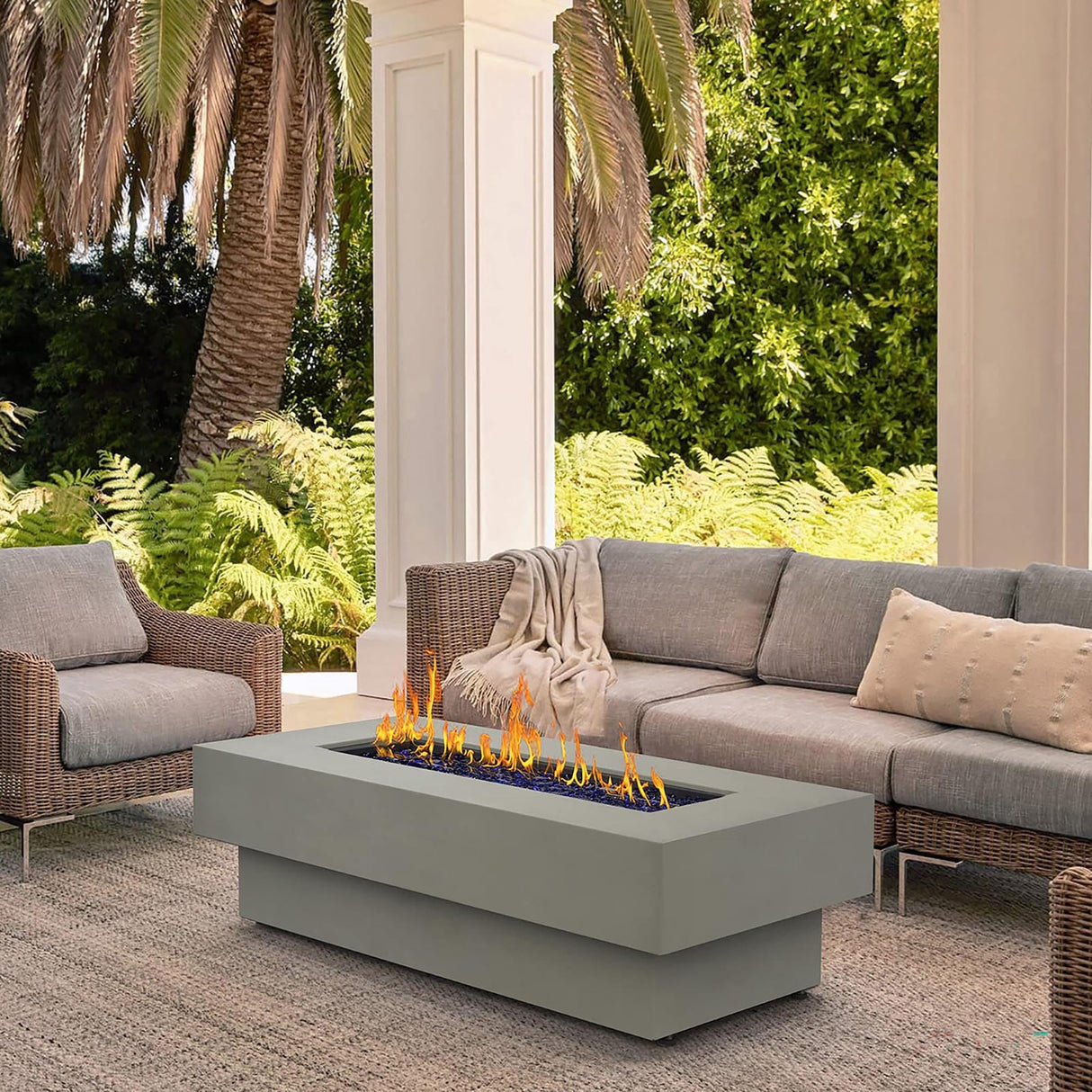 BAIDE HOME Outdoor Low Profile Fire Table, 48 - inch Rectangle Propane Gas Fire Pit Table, 50,000 BTU Modern Firepit w/Lid, Fire Glass, Cover, Pre - Attached 10ft Propane Hose, Flint Gray - Bircata