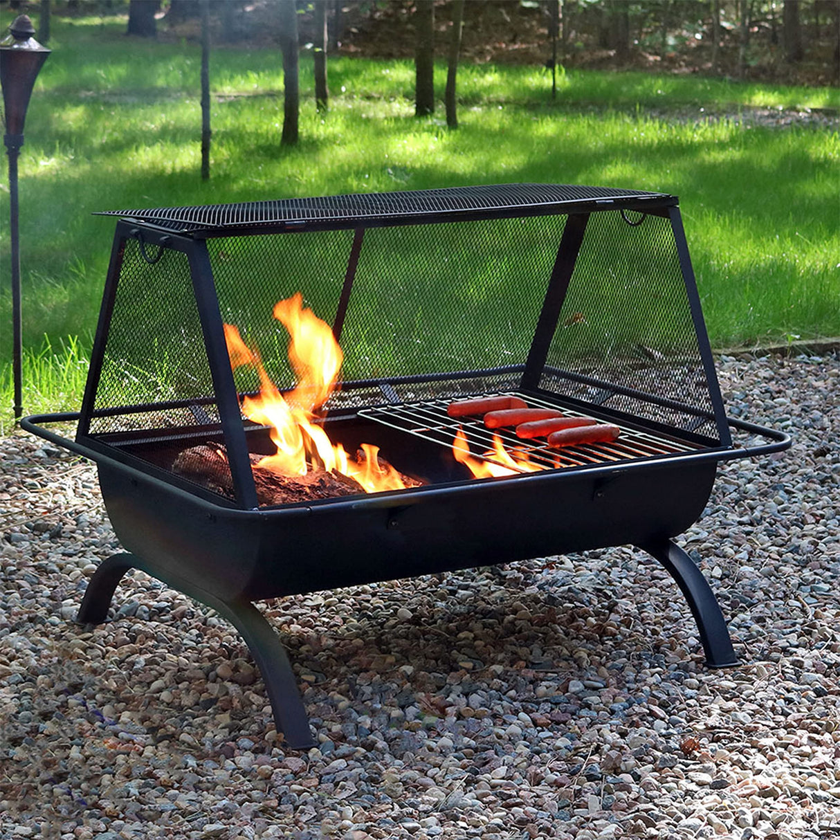 Sunnydaze 36 - Inch Northland Steel Outdoor Fire Pit with Grill and Spark Screen - Vinyl Protective Cover - Black Finish - Bircata