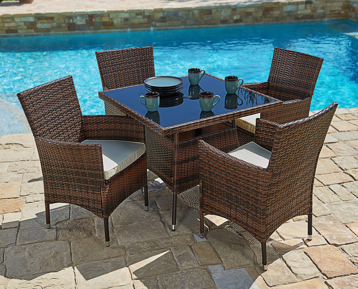 5-Piece Patio Furniture Outdoor Wicker Dining Set Table and 4 Chairs
