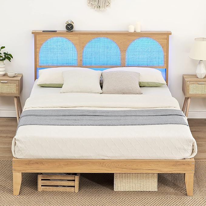 Queen Size Bed Frame with Rattan Headboard