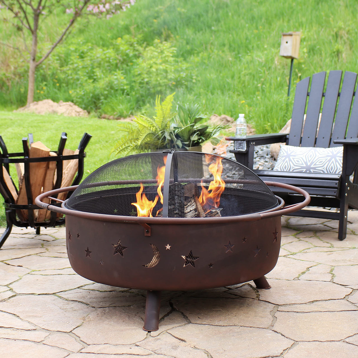 Cosmic 42-Inch Large Outdoor Fire Pit - Wood-Burning Fire Pit with Round Spark Screen
