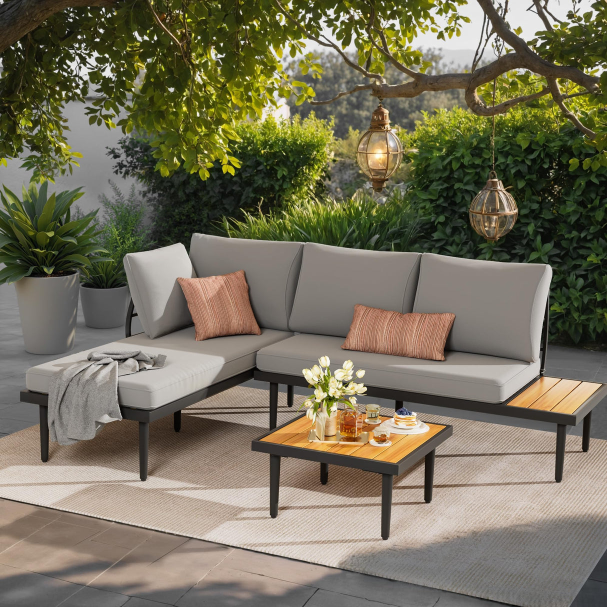 Outdoor Sectional Furniture Patio Sectional Sofa with Acacia Wood Table