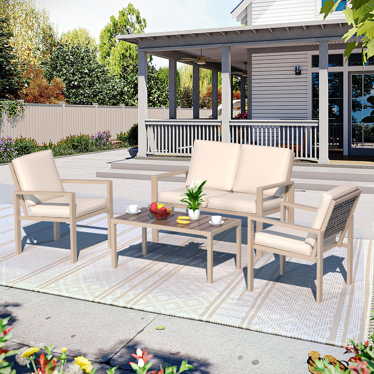 4-Piece Outdoor Patio Furniture Set, Patio Conversation Set with Water Washable Cushions