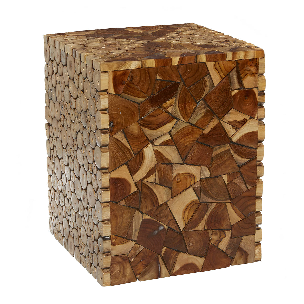 Teak Wood Handmade Side End Accent Table End Table with Mosaic Wood Chip Design