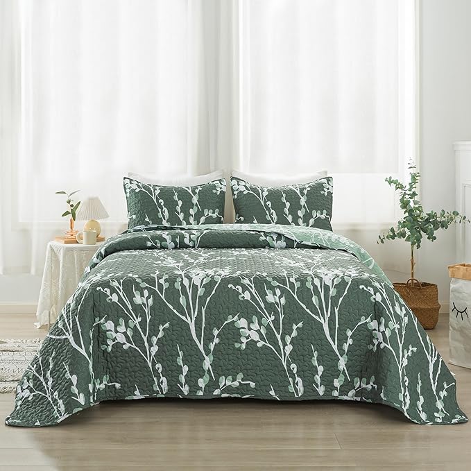 Teal Blue Quilt Queen Size (96x90 Inch), 3 Pieces Fall Floral Lightweight Bedspread