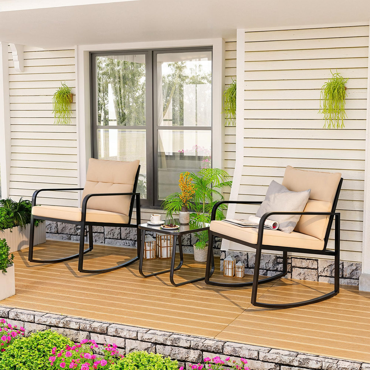3 Piece Outdoor Rocking Bistro Set, Black Steel Furniture, Porch Chairs Conversation Set