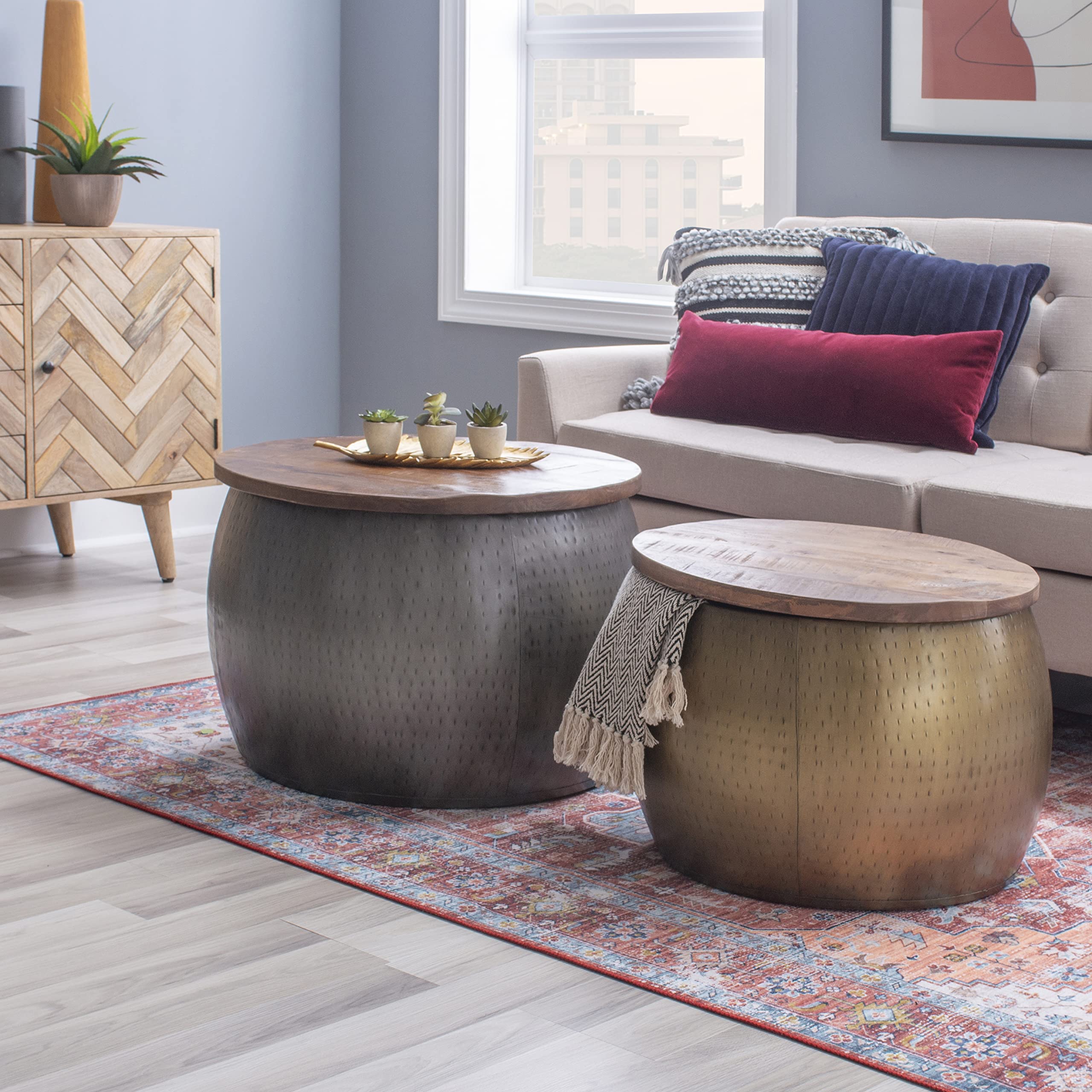 Hammered Silver Drum with Natural Wood Lift Top for Storage Janice Table