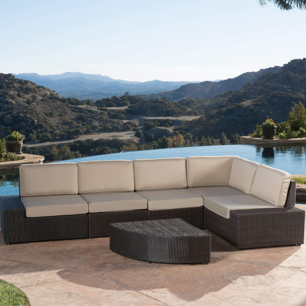 Santa Cruz Outdoor Wicker Sectional Sofa Set with Water Resistant Cushions, 6-Pcs Set, Brown