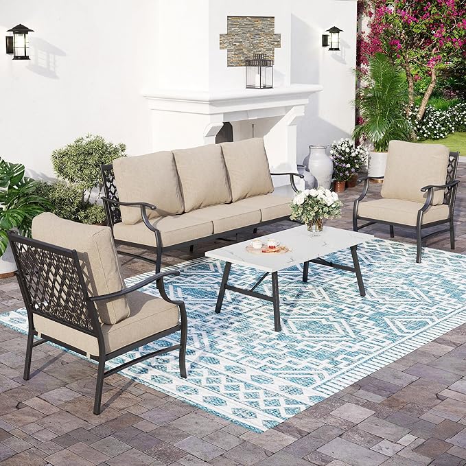 5 Piece Metal Outdoor Patio Furniture Set, Patio Conversation Sets 1 3-Seater Sofa