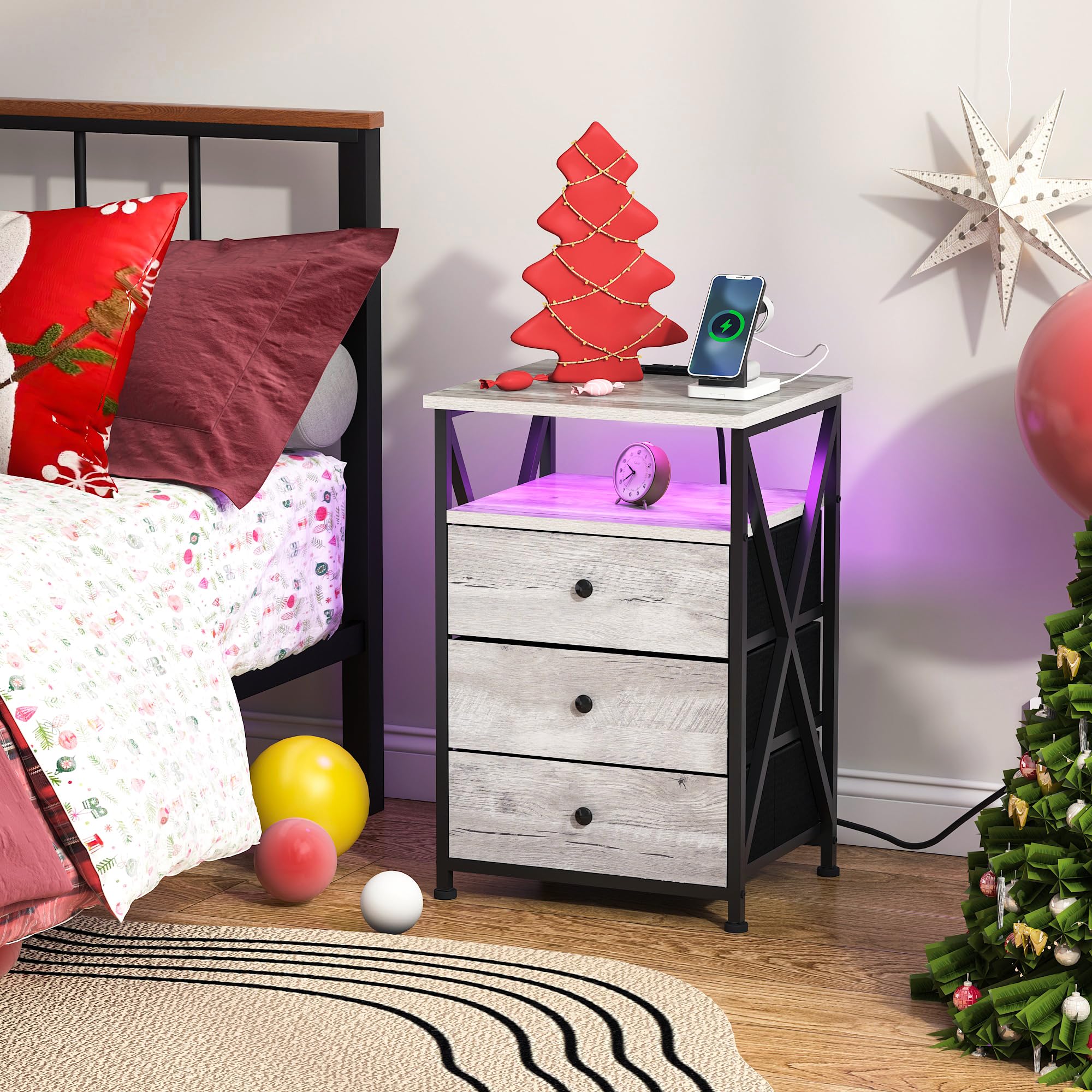 Nightstands Set of 2, Modern Design, LED Light, Night Stand