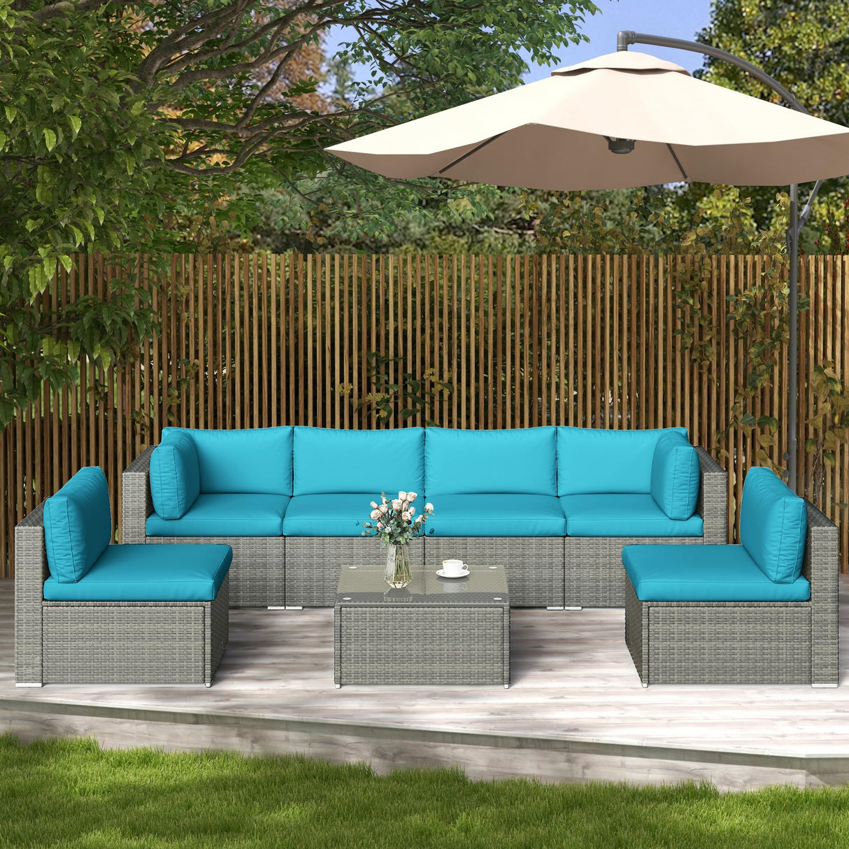 7-Piece Modular Patio Furniture Set, Wicker Outdoor Sectional Sofa with