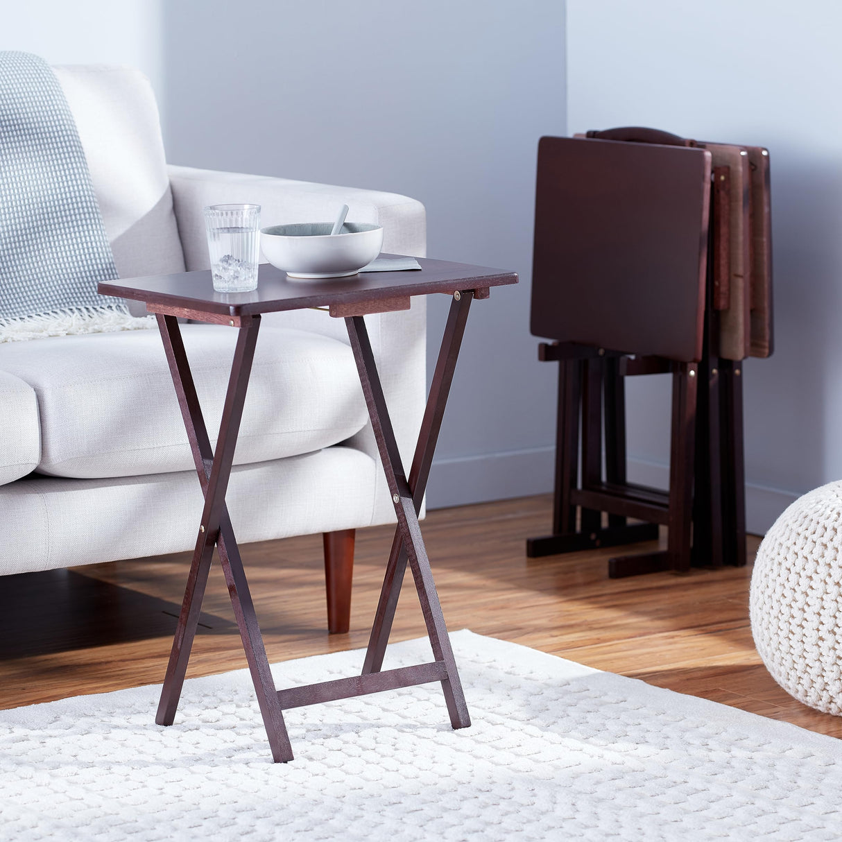 FoldMate Espresso Folding TV Tray Table Set – 4-Pack with Rack