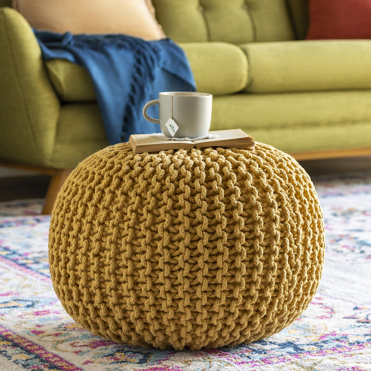Cotton Knitted Round Pouf, 14"H x 20"W x 20"D, Saffron