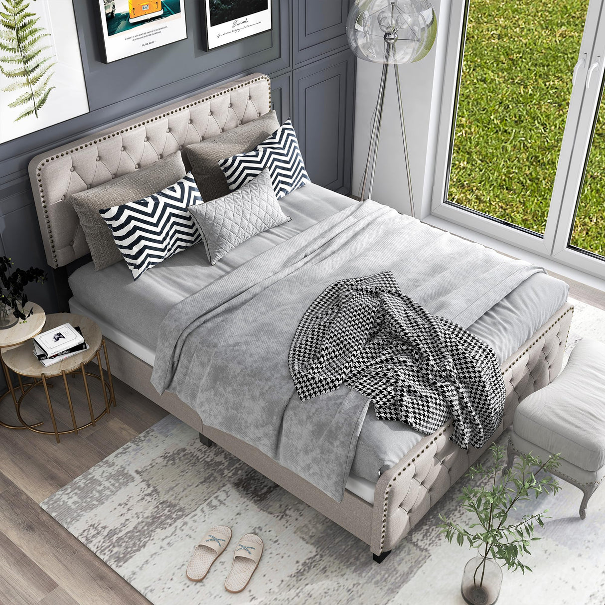 Keanu Transitional Button Tufted Fabric Upholstered Bed