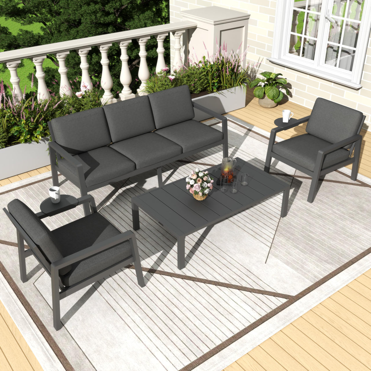 4 Piece Outdoor Patio Furniture Set, Conversation Sets, All-Weather Metal Frame Sofas